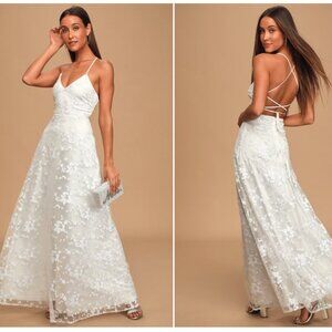 Magically Charming White Sequin Embroidered Lace-Up Maxi Dress